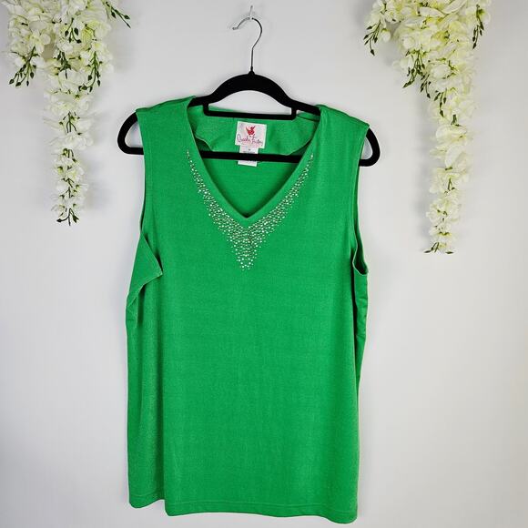 Quacker Factory 2-Piece Set Top Button Cardigan Kelly Green 1X Rhinestone V-Neck - Picture 2 of 12